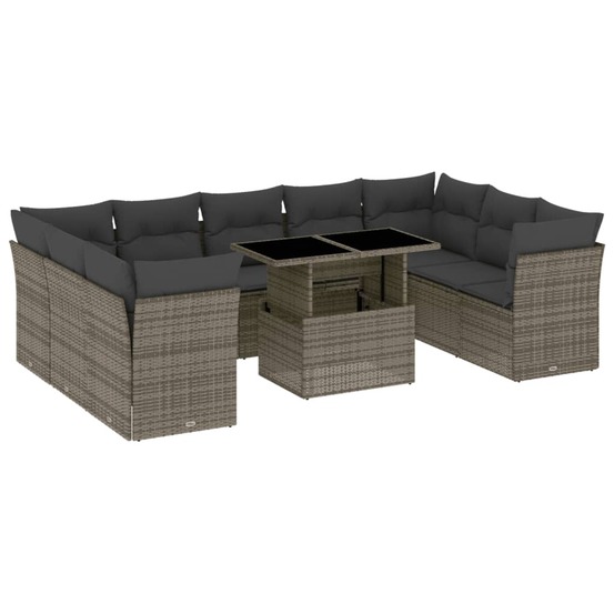 Salon de jardin avec coussins 10 pcs gris résine tressée