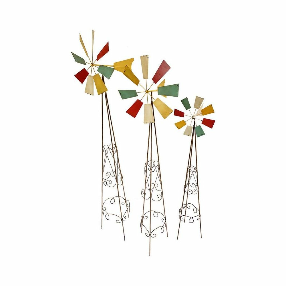 Set de 3 moulins colorés 48x39x175 cm