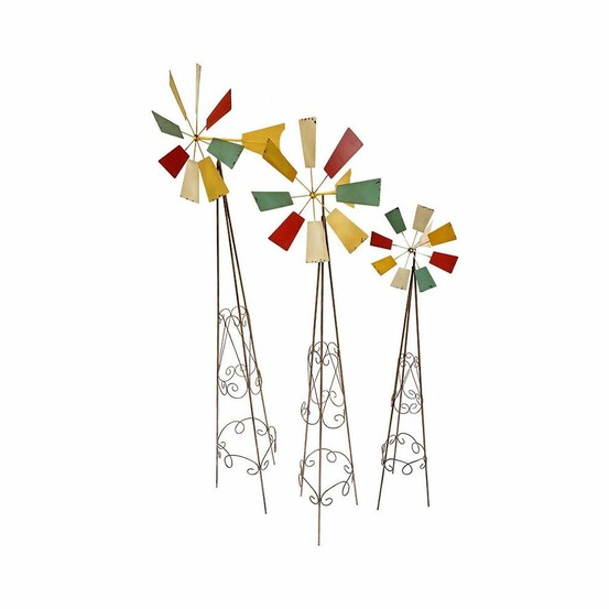 Set de 3 moulins colorés 48x39x175 cm