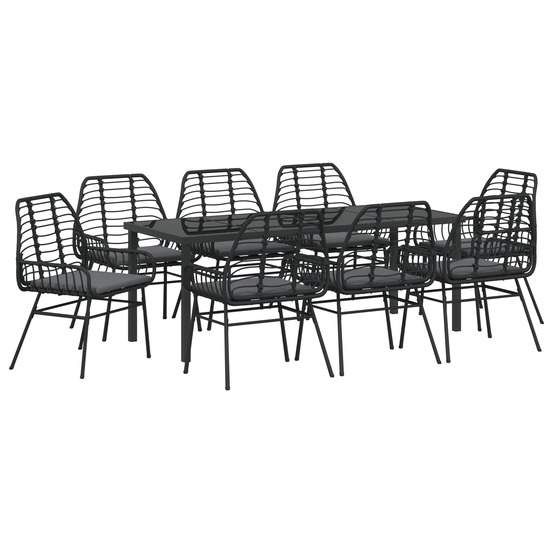 Ensemble de salle à manger de jardin 9 pièces avec coussins en rotin poly noir