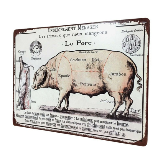 Plaque boucheries coupe de porc en fer multicolore 33x25cm