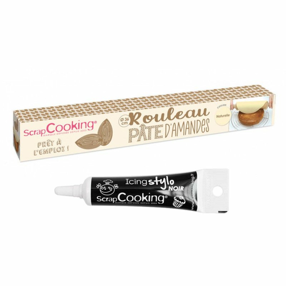 Pâte d'amande en rouleau naturel 300 g + stylo de glaçage noir