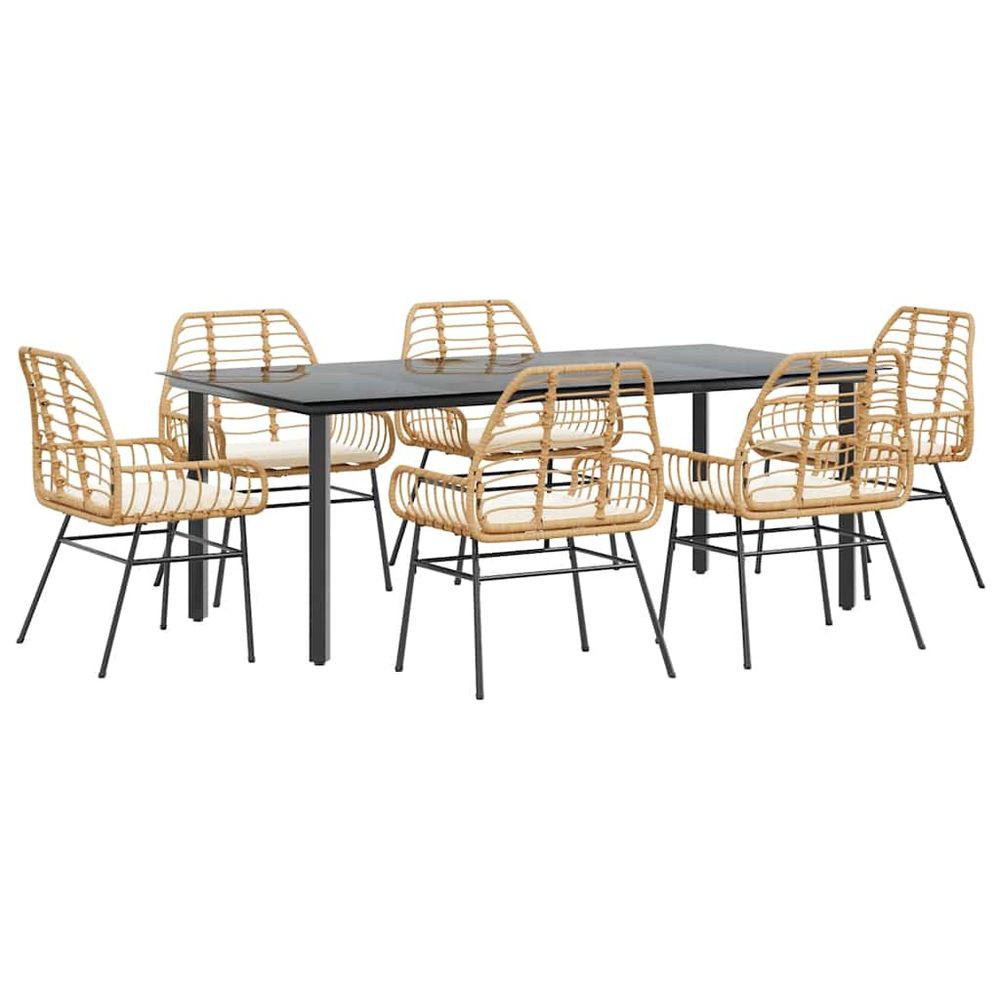 Ensemble à manger jardin coussins 7pcs marron poly rotin verre