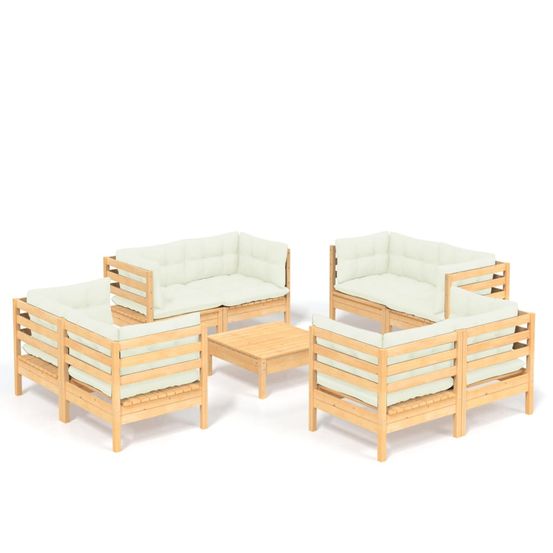 Salon de jardin 9 pcs avec coussins crème bois de pin