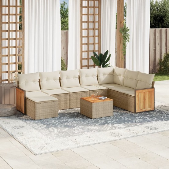 Salon de jardin avec coussins 9 pcs beige résine tressée