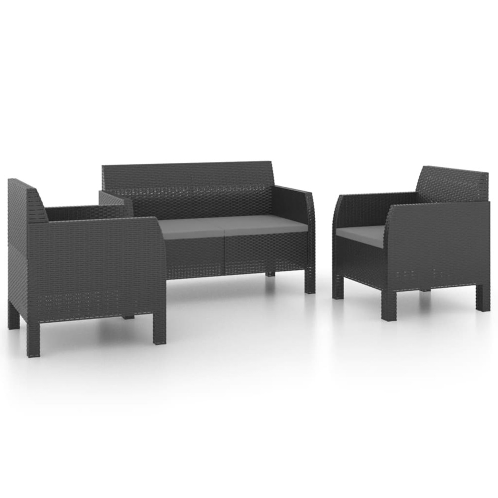 Salon de jardin 3 pcs avec coussins pp rotin anthracite