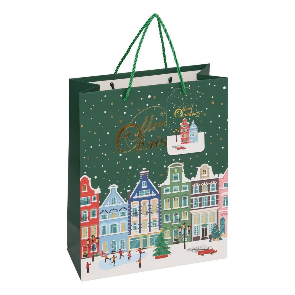 Sac cadeau motif ville joyeux noël moyen modèle