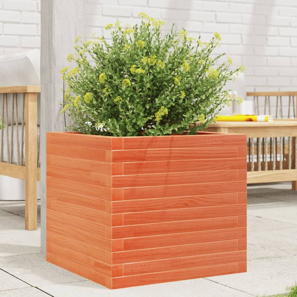 Jardinière carrée pin massif pour jardin terrasse cire marron 50x50cm
