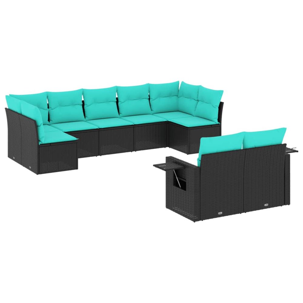 Salon de jardin 9 pcs avec coussins noir résine tressée