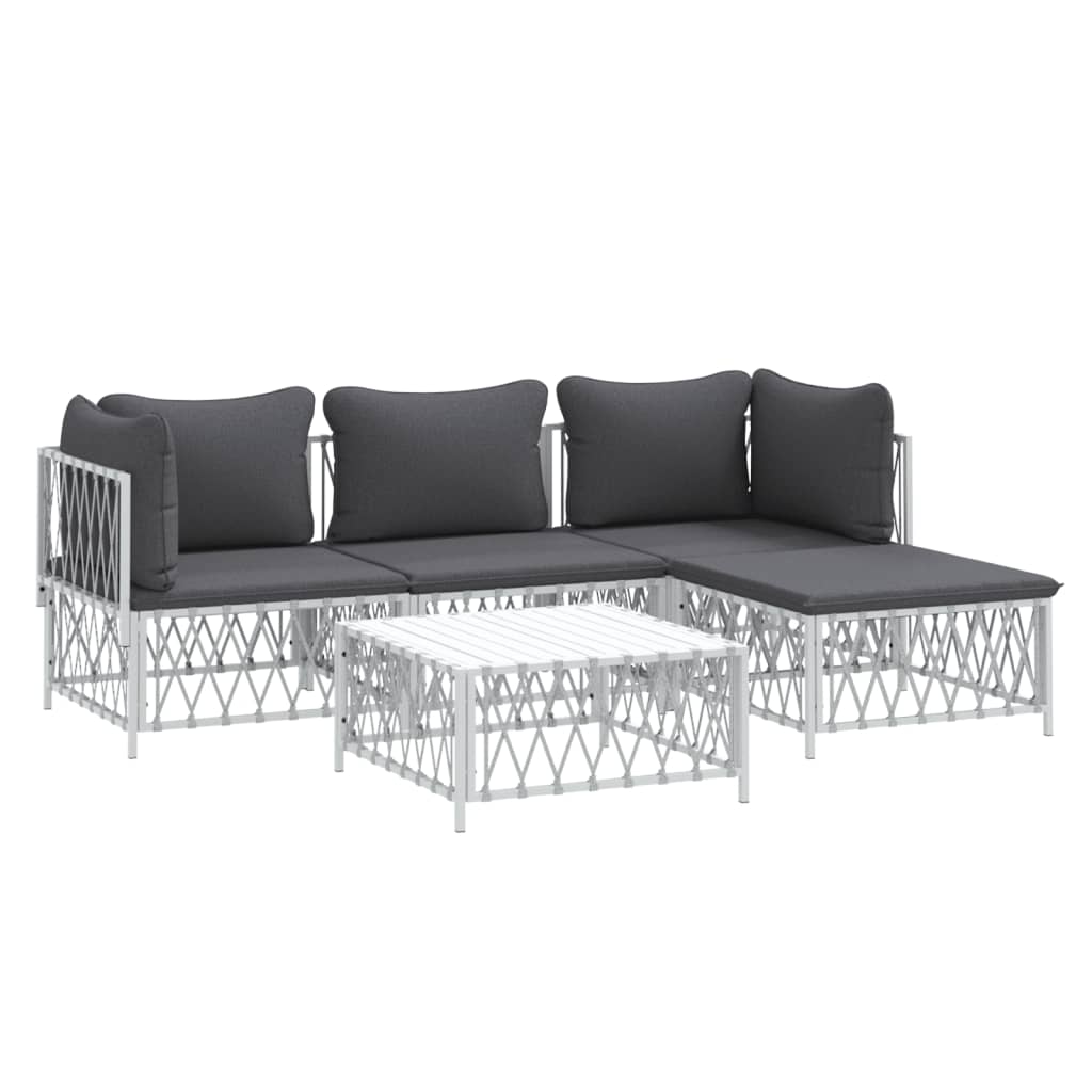 Salon de jardin meuble d'extérieur ensemble de mobilier avec coussins 5 pièces blanc acier