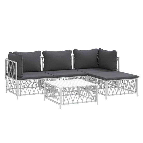 Salon de jardin meuble d'extérieur ensemble de mobilier avec coussins 5 pièces blanc acier