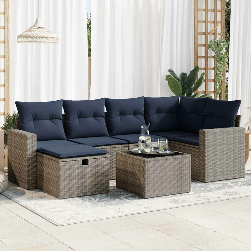 Salon de jardin avec coussins 7 pcs gris résine tressée