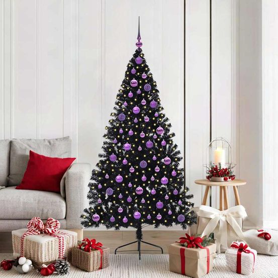 Sapin artificiel lumineux 180 cm noir conique, set tout-en-un avec 120 boules déco