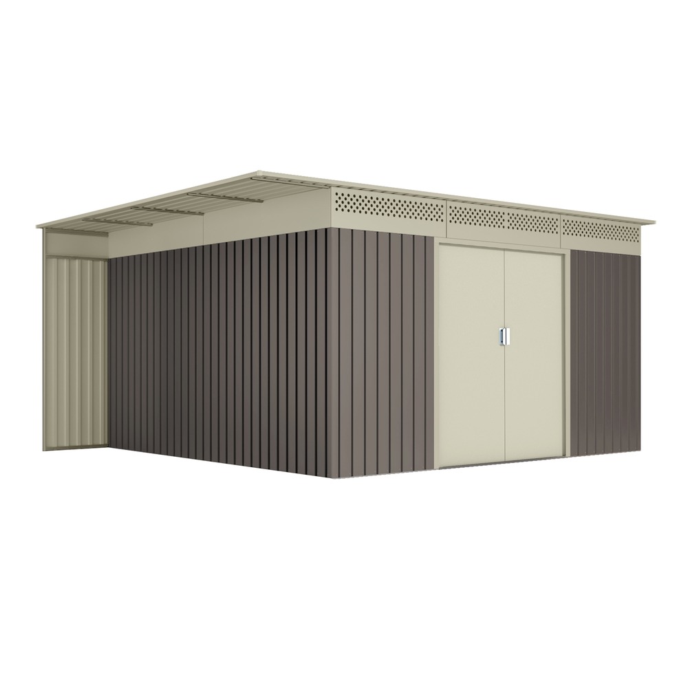Wasabi - abri de jardin métal 13,22m² coffee – avec bûcher, porte coulissante double, toit plat, grilles de ventilation