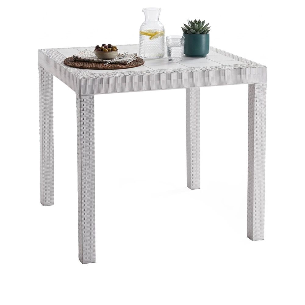 Table d'extérieur acqua, etagère carrée fixe, table de jardin polyvalente effet rotin, 100% made in italy, 80x80h74 cm, blanc