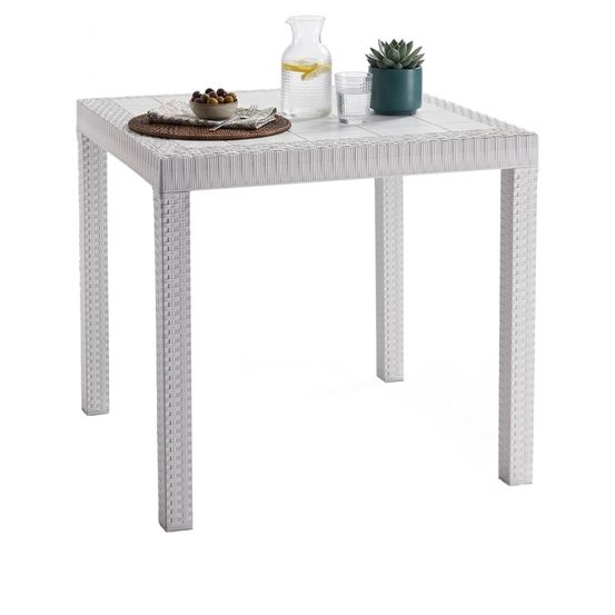 Table d'extérieur acqua, etagère carrée fixe, table de jardin polyvalente effet rotin, 100% made in italy, 80x80h74 cm, blanc
