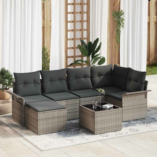 Ensemble de canapé de jardin avec coussin 7 pcs gris polyrotin