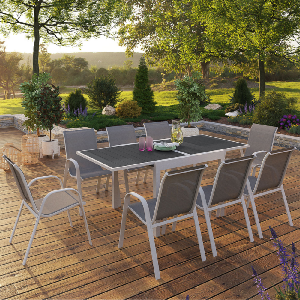 Salon de jardin poly extensible table 90-180 cm et 8 chaises blanc et gris