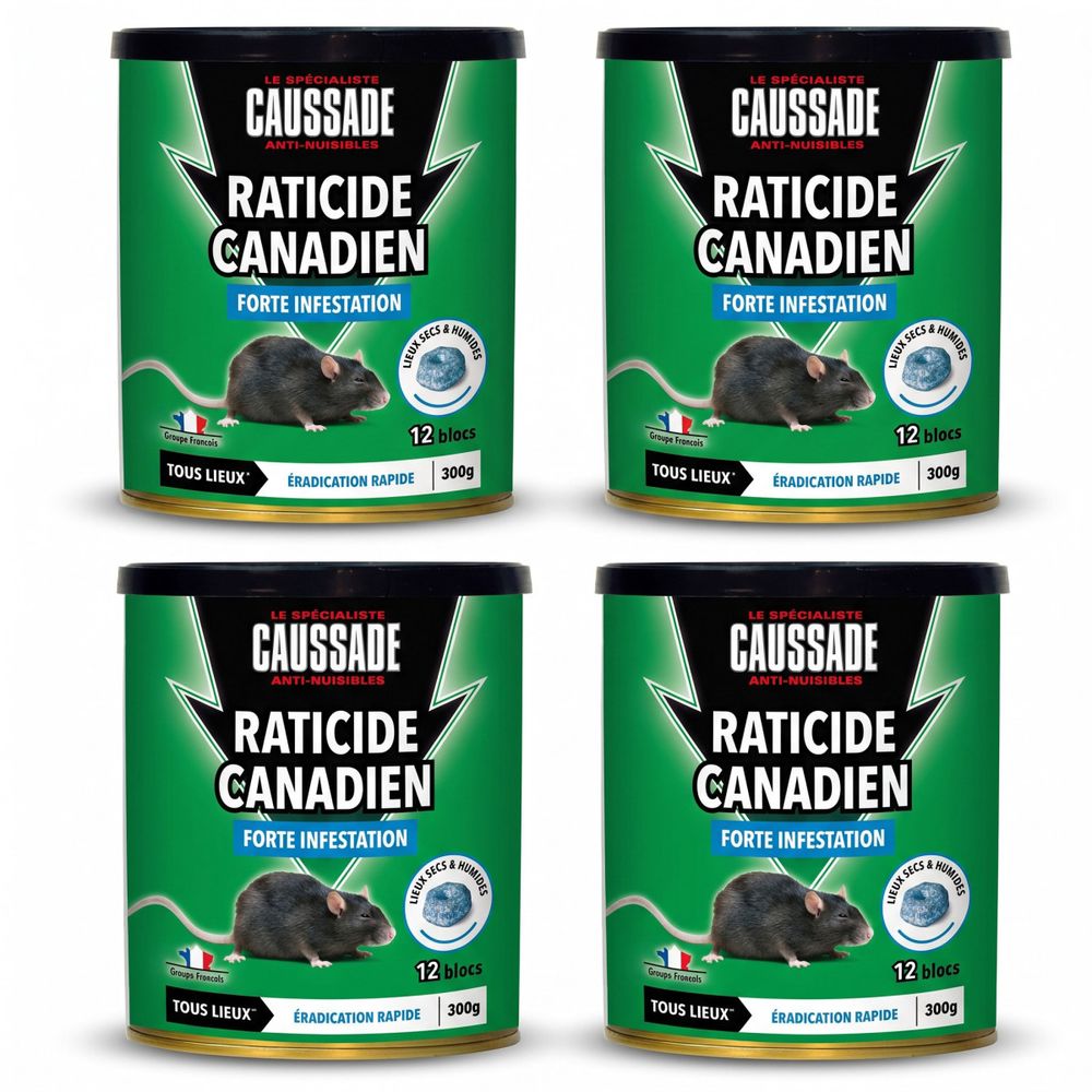 Lot de 4 raticide canadien caussade - 1200 g, 48 blocs - flocoumafène