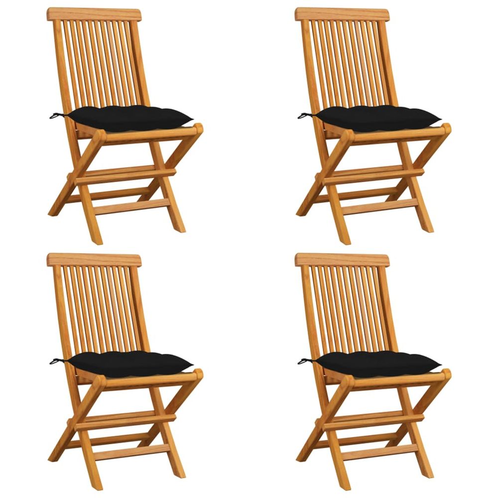 Chaises pliantes avec coussins noirs, 4 pièces, en bois de teck massif