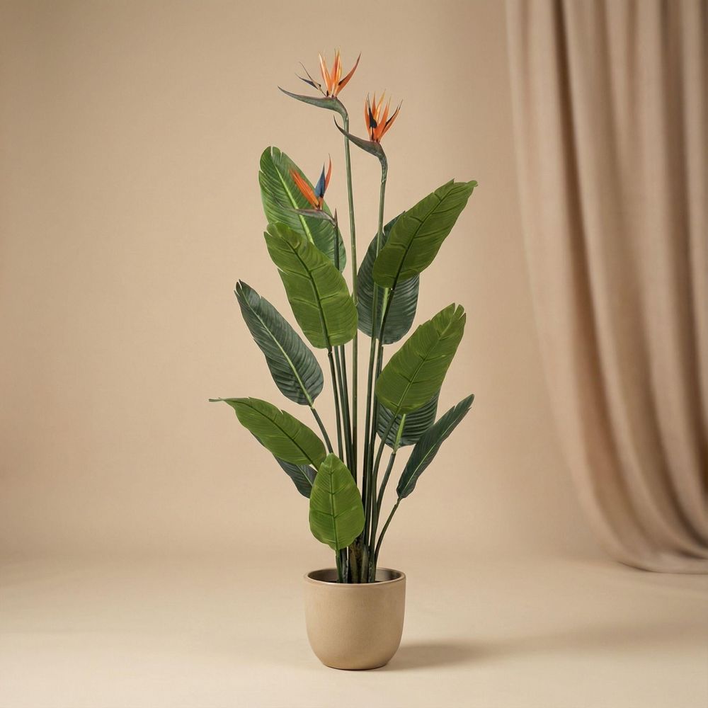 Strelitzia avec fleurs - 120cm - en pot noir - plante artificielle
