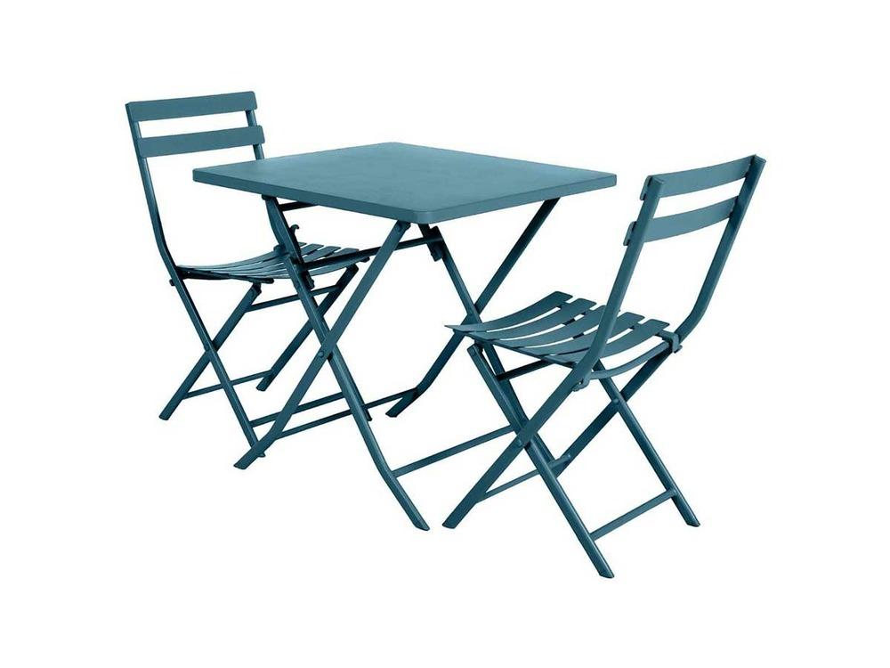 Salon de jardin carré en métal greensboro 70 x 70 cm bleu canard avec 2 chaises