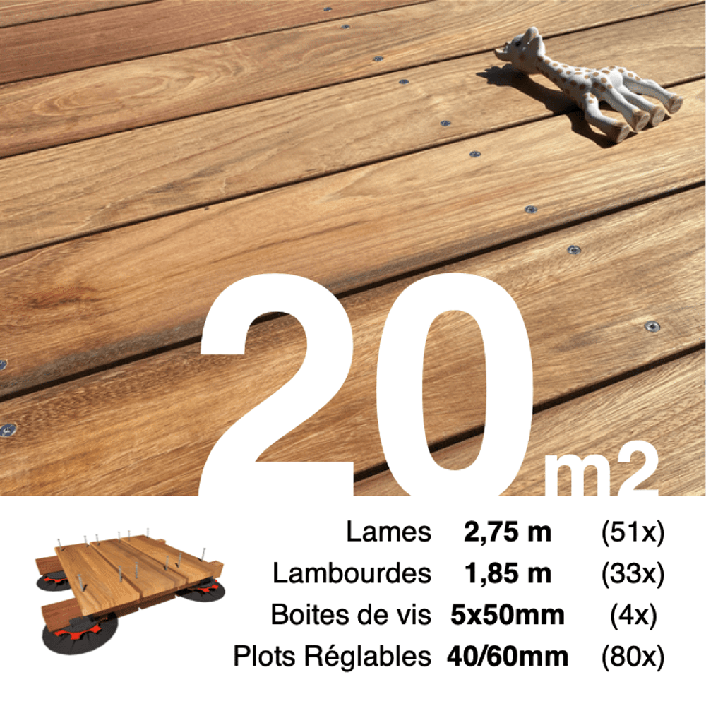 Kit complet terrasse bois exotique jatoba pour 20 m², lames 2,75 m, lambourdes 1,85 m, plots réglables et visserie inox.