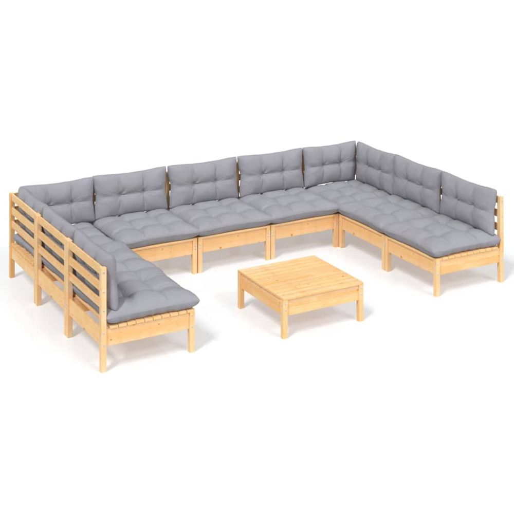 Salon de jardin 10 pcs avec coussins gris bois de pin massif