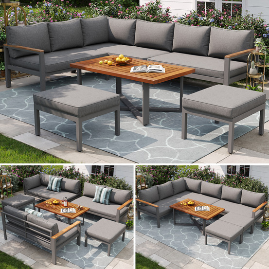 Salon jardin 7-8 pers: résistant intempéries, sièges + ensemble repas, acier galvanisé gris foncé