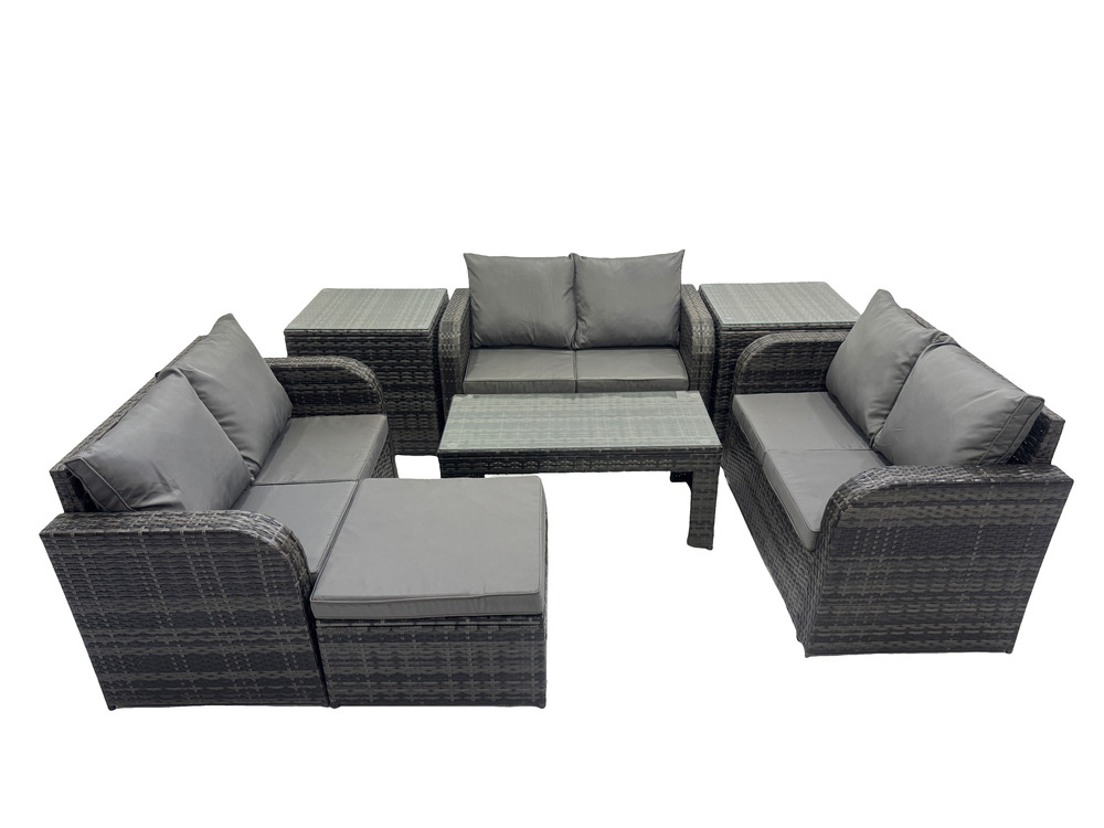 7 places salon de jardin meubles de jardin avec table basse canapé à deux places 2 tables d'appoint grand tabouret gris foncé mixte