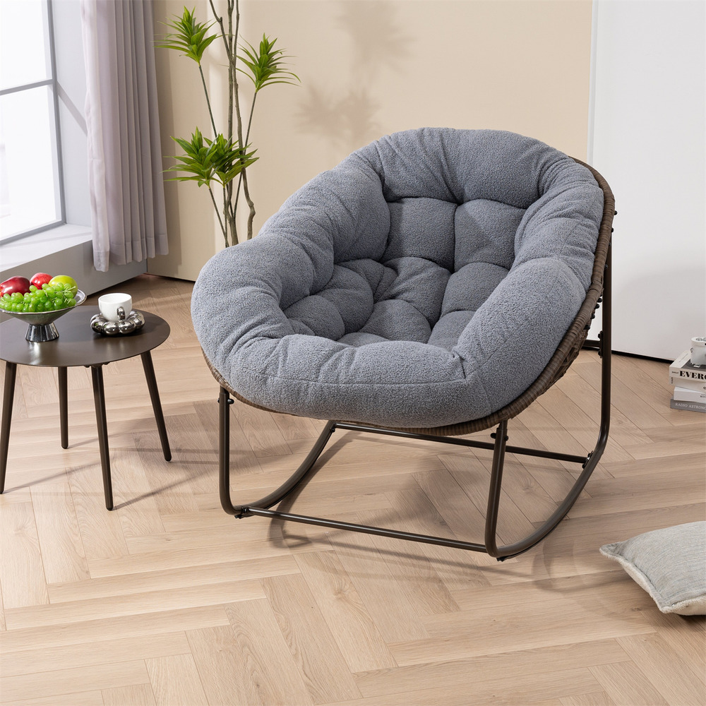Chaise à bascule en rotin d'extérieur, fauteuil inclinable avec coussin rembourré pour porche avant, salon, patio, jardin, gris