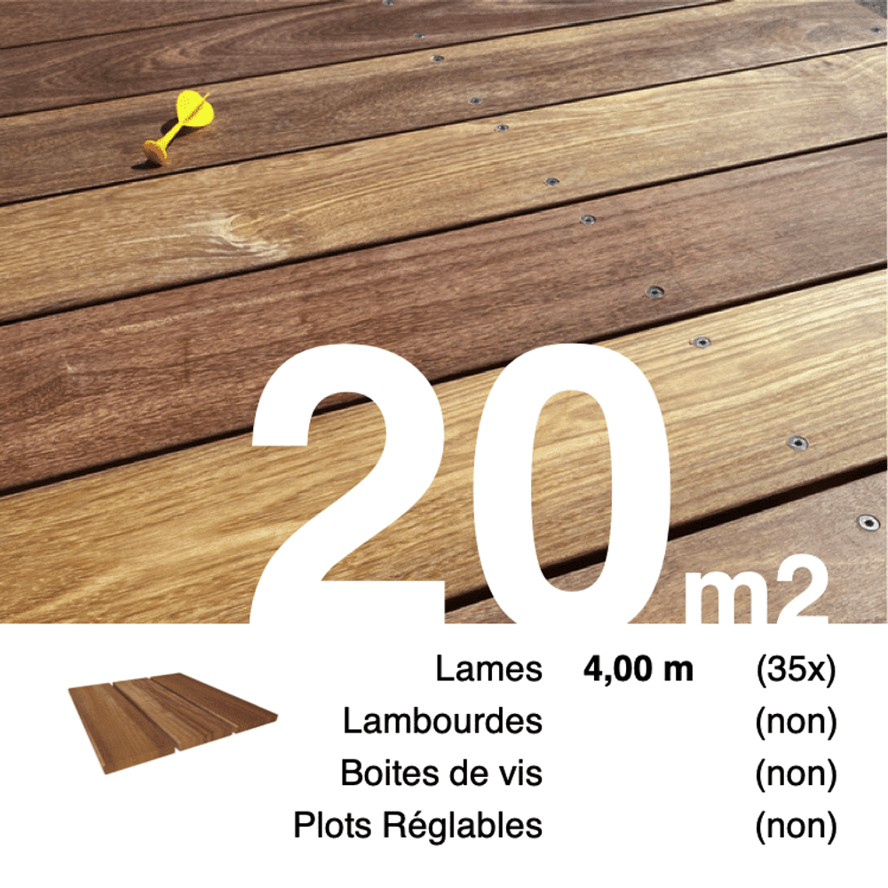 Planches de terrasse bois exotique cumaru pour 20 m², longueur 4 m.