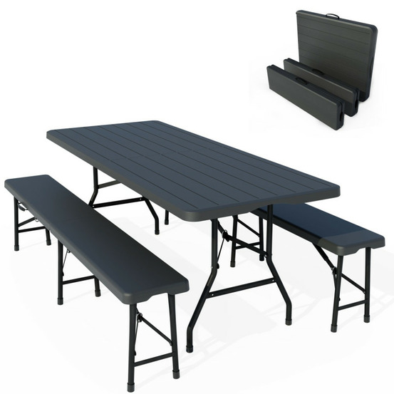 Table de camping table de jardin pliante 180x74x74cm aspect bois avec 2 bancs