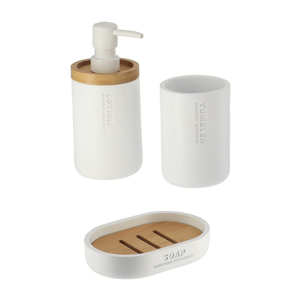 Set gobelet distributeur a savon et porte savon polyresine - blanc/bambou