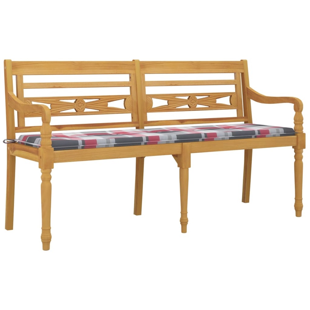Banc de jardin meuble de patio d'extérieur terrasse coussin à motif de carreaux rouges 150 cm bois teck