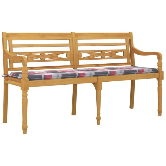 Banc de jardin meuble de patio d'extérieur terrasse coussin à motif de carreaux rouges 150 cm bois teck