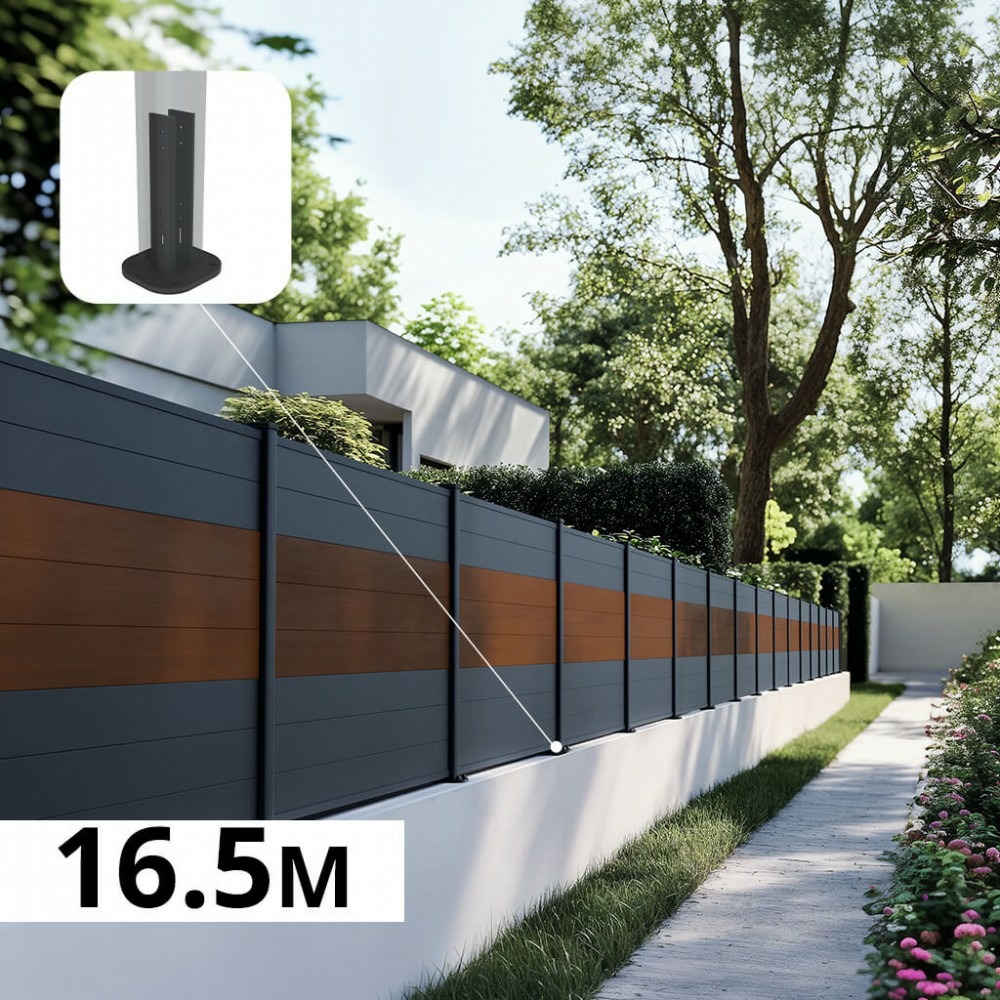 Kit clôture aluminium bahia & cruz teck 16,5x1,2m - bois composite & aluminium - poteaux gris - brise vue - palissade