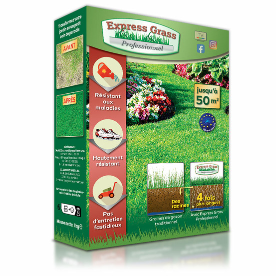 Gazon express professionnel (50m²) - fiable, résistant froid et chaleur - germination rapide et dense (14 jours)