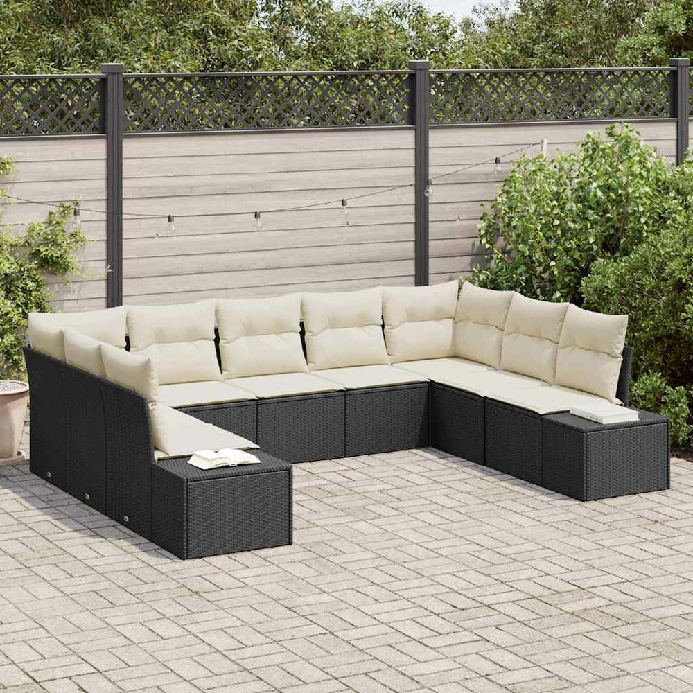 Ensemble de canapé de jardin avec coussin 9 pcs noir polyrotin