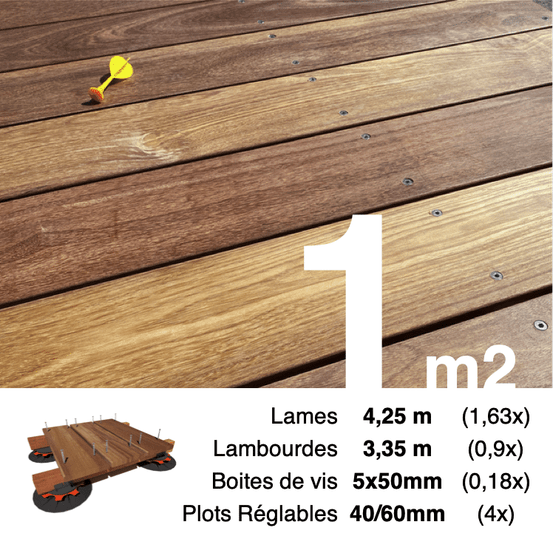 Kit complet terrasse bois exotique cumaru pour 1 m², lames 4,25 m, lambourdes 3,35 m, plots réglables et visserie inox.