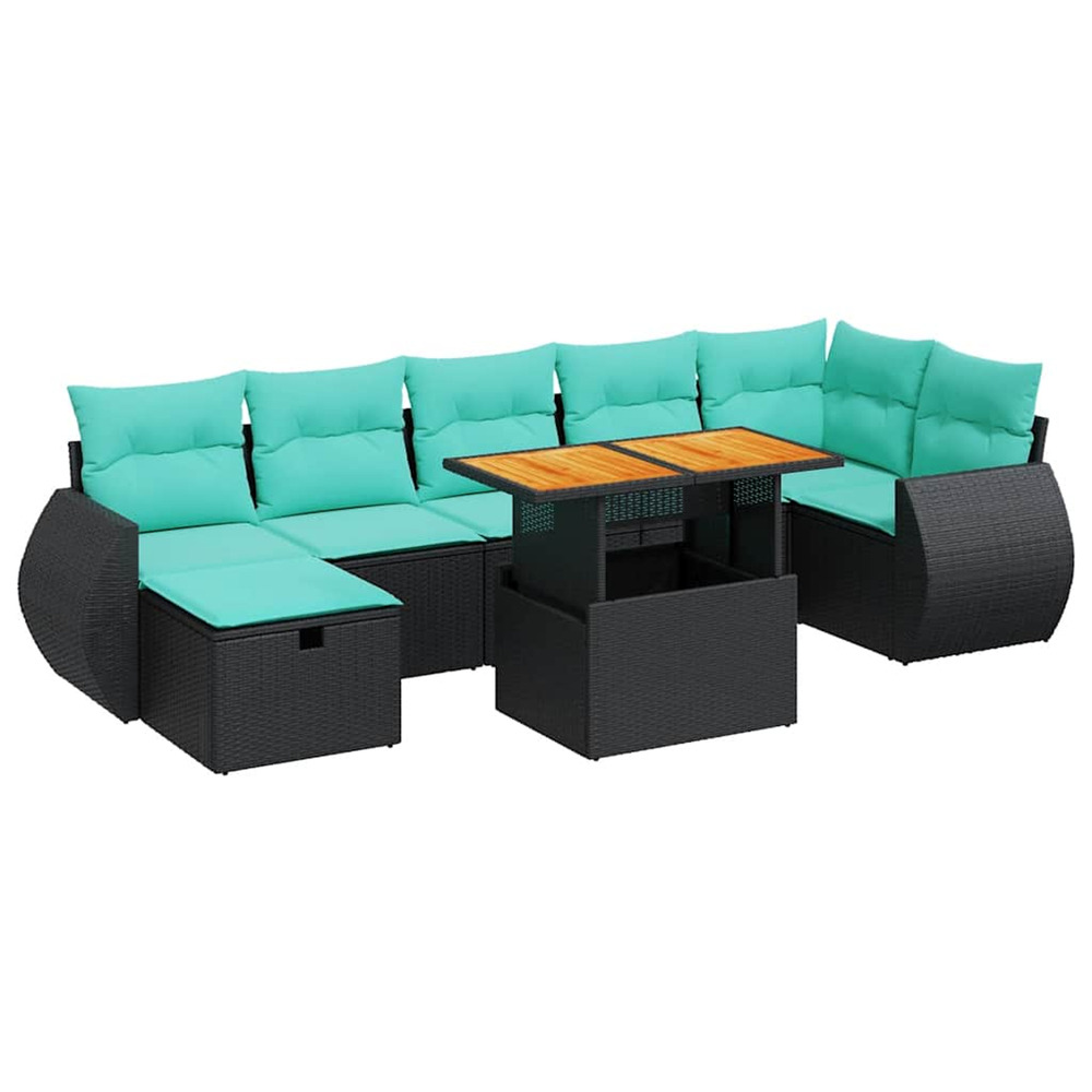 Salon de jardin avec coussins 8 pcs noir résine tressée acacia
