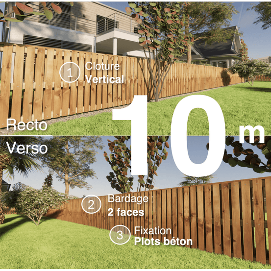 Kit clôture bois moderne 10m – h 0,9m – 20 x 70 mm autoclave marron – pose vertical – double face – à sceller