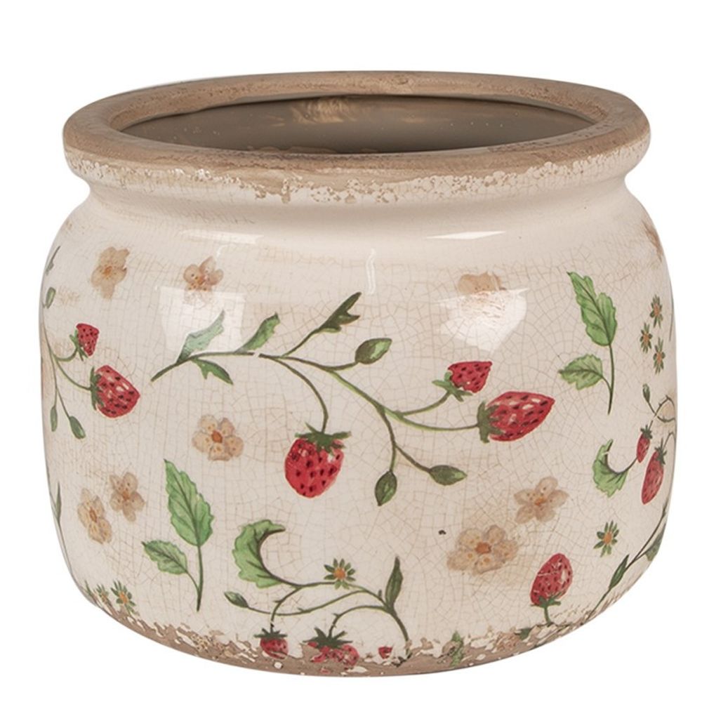 Pot de fleurs strawberries beige rouge céramique 20x20x15cm