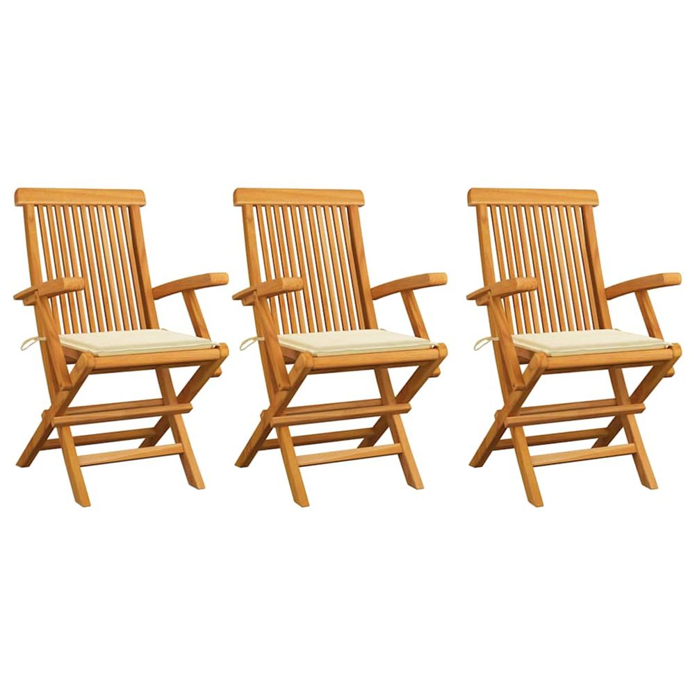 Chaises pliantes avec coussins crème, 3 pièces, en teck massif