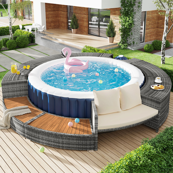 Ensemble de salon de jardin, canapé rond avec coussins, pieds réglables, pour terrasse et piscine, gris