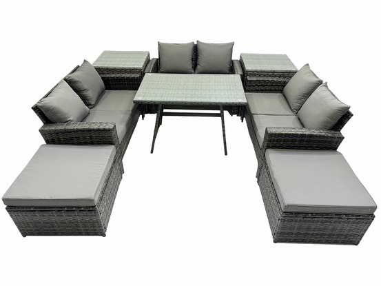 Salon de jardin avec table à manger rectangulaire canapé 2 places 2 grand tabourets 2 tables d'appoint gris foncé mixte