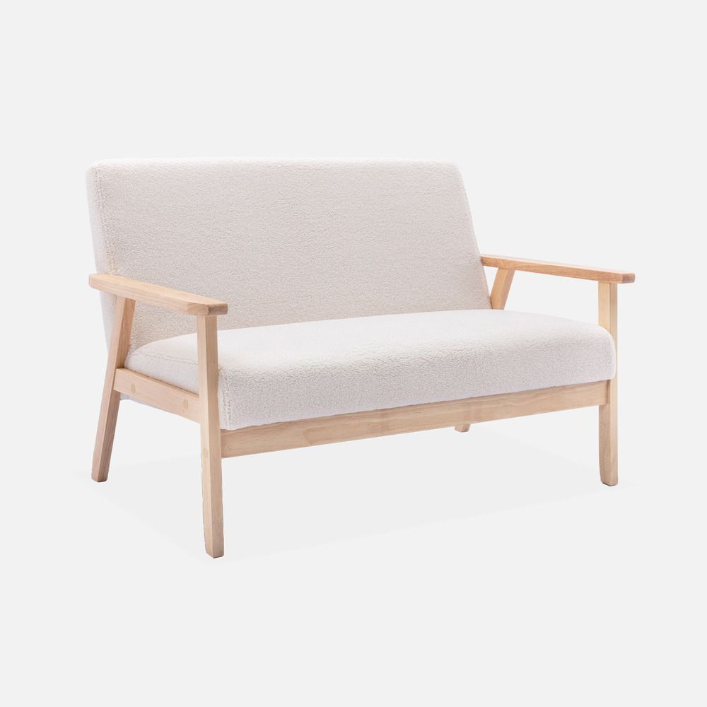 Banquette canapé 2 places en bois et tissu bouclette, isak, l 114 x p 69,5 x h 73cm