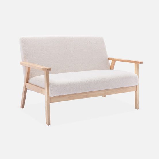 Banquette canapé 2 places en bois et tissu bouclette, isak, l 114 x p 69,5 x h 73cm
