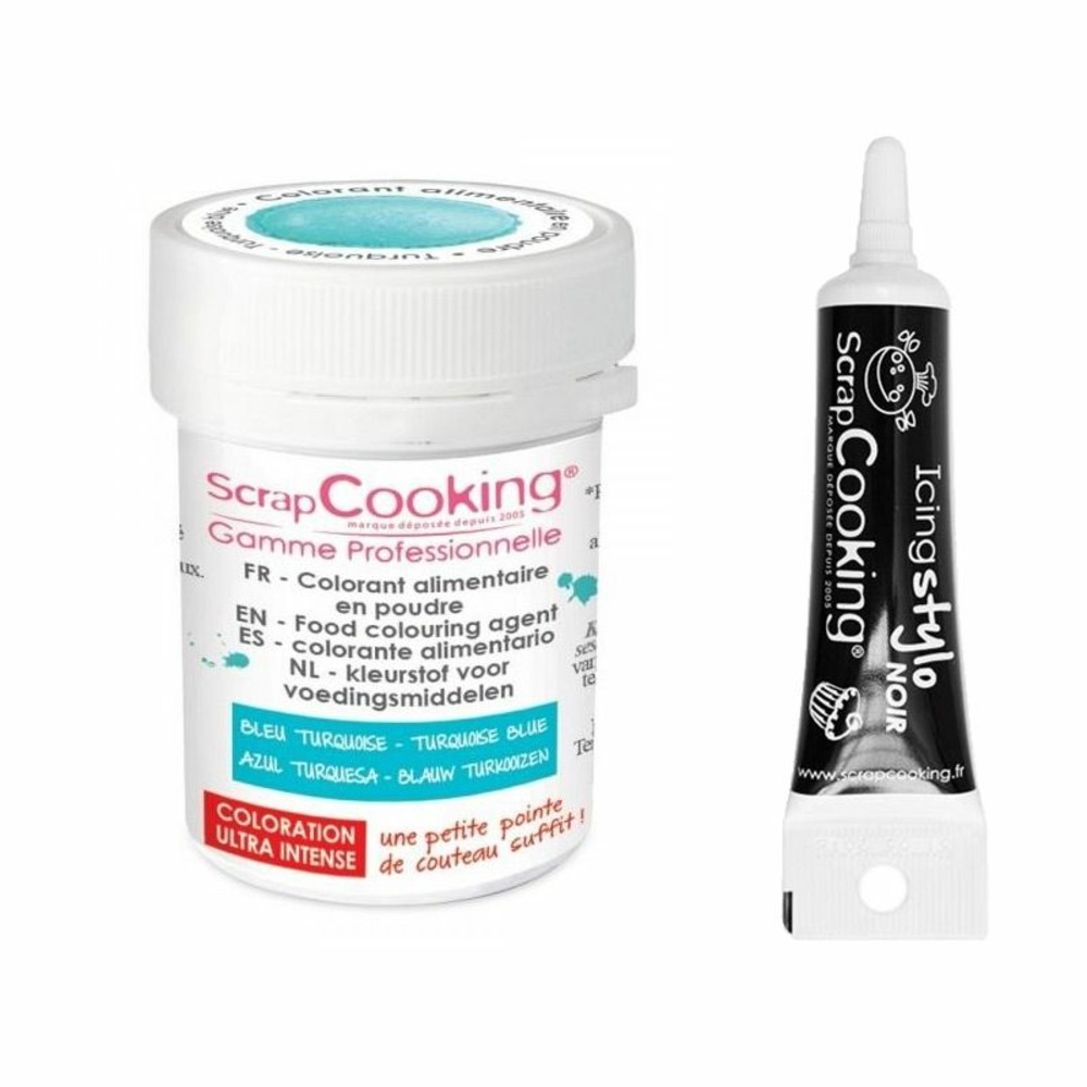 Colorant alimentaire en poudre turquoise + stylo glaçage noir