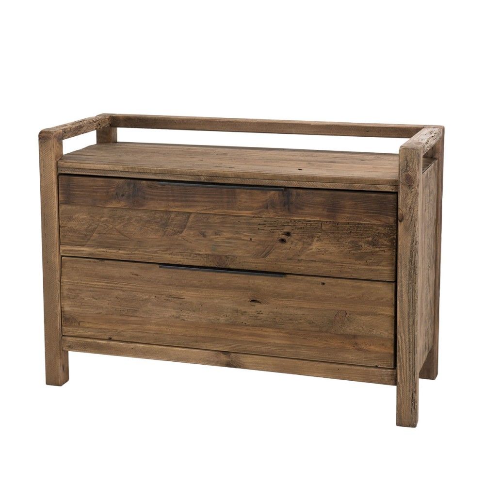 Commode 2 tiroirs en pin recyclé et poignées en métal noir